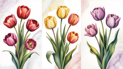 Obraz premium Vibrant Watercolor Tulip Bouquets Celebrating Springtime Blooms