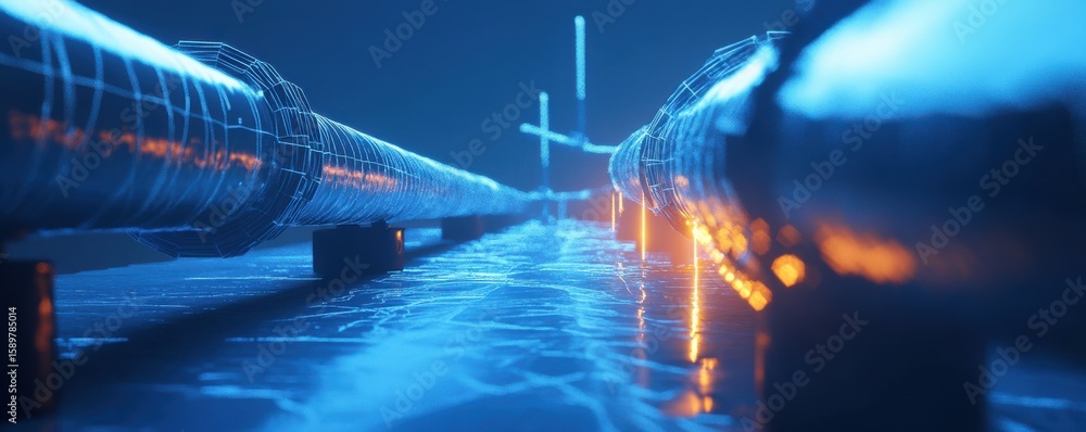 Fototapete Abstract visualization of futuristic illuminated pipelines in digital wireframe style