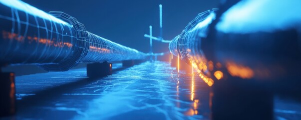 Abstract visualization of futuristic illuminated pipelines in digital wireframe style