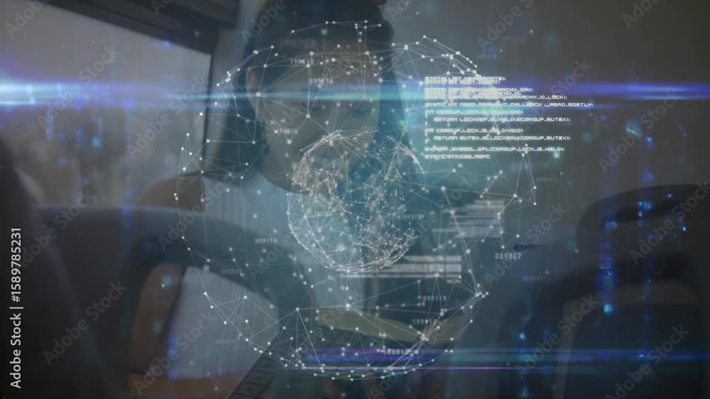 Poster woman typing on laptop in office creating holographic globe with code blocks for tech data analysis