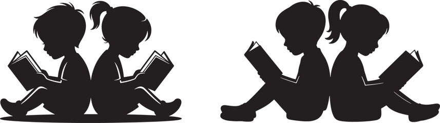 Kids Reading Books Silhouettes Boy and Girl Studying Together for Education, Learning, and Literacy Concepts