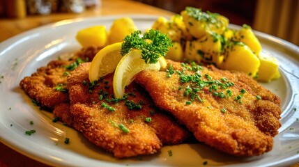 Crispy breaded cutlets with potatoes and lemon