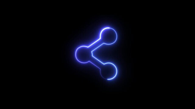 A glowing neon blue share icon on a black background. The icon consists of three connected circles forming a triangular shape and video animation .