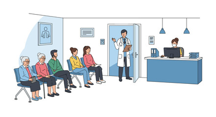 Patients waiting in a medical clinic reception area while a doctor discusses test results with a nurse