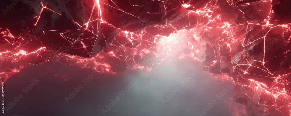 Poster abstract glowing fissures in a dark rock surface with polygonal structures