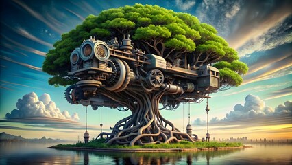 Photo of a magnificent tree with mechanical components integrated into its trunk and branches stands on a small island in the water at sunset