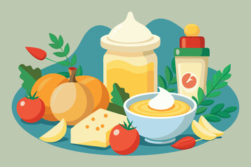 A cartoon vector illustration set of fresh fruit, vegetable, food, and drink icons including breakfast jam, milk, juice, tea, and sweet strawberry, orange, and apple