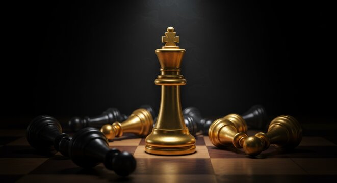 A single illuminated chess king piece standing alone on a chessboard with all other fallen pieces lying around it Represents strategy success and outmaneuvering competition