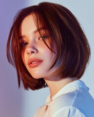 Attractive young woman poses indoors with a trendy bob haircut and radiant, dewy skin glowing under studio lights.