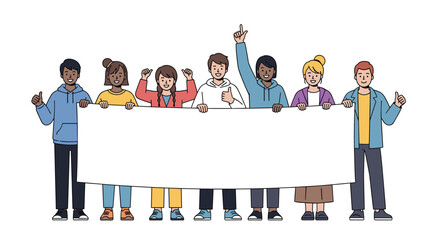 Diverse group of young people holding a blank banner together supporting a cause or message of unity and activism