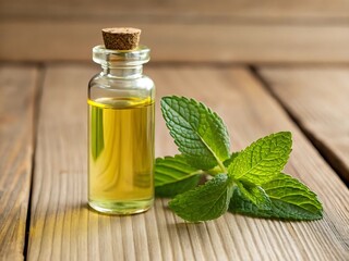 Aromatic mint essential oil in a clear glass bottle with a cork sits next to fresh mint leaves on a rustic wooden table, suggesting natural wellness and herbal remedy