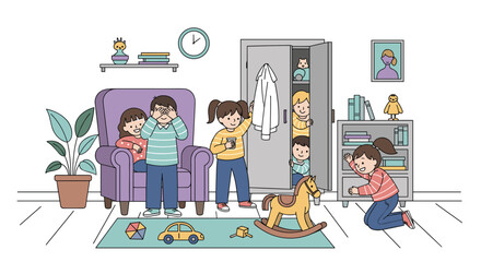 Children playing hide and seek in a cozy living room filled with toys and furniture
