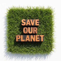 Overhead conceptual flatlay of wooden letter blocks forming “Save Our Planet” on natural green grass. Bright natural light copy