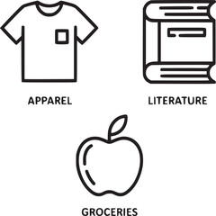 Stock vector icons for apparel, literature and groceries representing diverse product categories