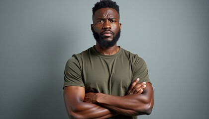 Obraz premium Confident black man crossing arms while posing against gray background 