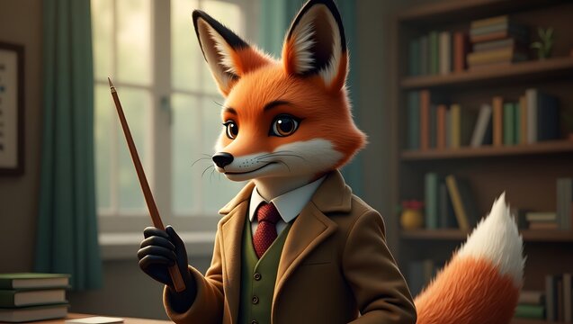 Sophisticated fox professor in tweed coat, holding pointer, library setting; warm, inviting mood.