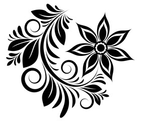 Simple black and white ornament with one flower, swirls and leaves on white isolated background. Abstract floral pattern silhouette for design