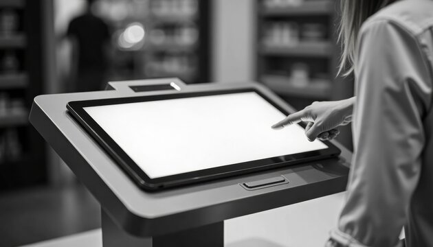 Woman using touchscreen kiosk to navigate options in public space  