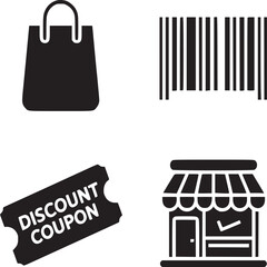 Ecommerce shopping online retail store discount coupon barcode bag vector icon set for marketing