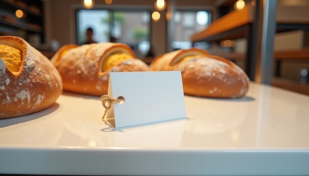 Freshly baked bread loaves displayed on counter with blank tag  