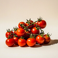 Ripe red cherry tomatoes on vine with green stems image