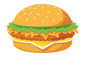 Delicious fast-food cheeseburger with beef, cheese, lettuce, tomato, and onion on a sesame bun, isolated on white