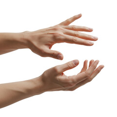 Two adult caucasian hands with healthy, clean nails, palms lightly touching in a gentle clap motion, fingers slightly splayed, against a transparent, seamless studio background with shadowless