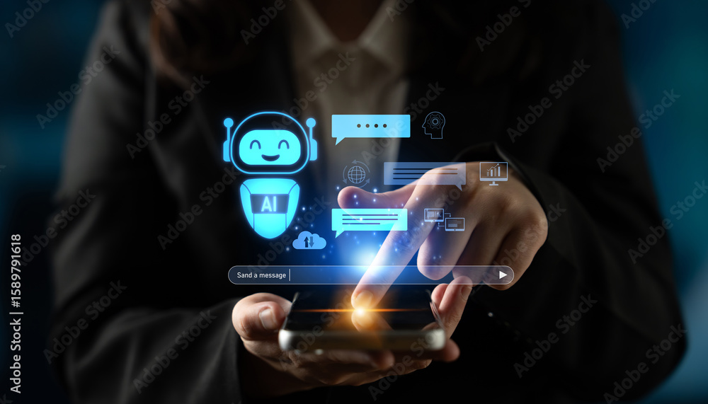 Poster ai chatbot improves virtual assistant interaction. ai chatbot processes text, supports users, ai cha
