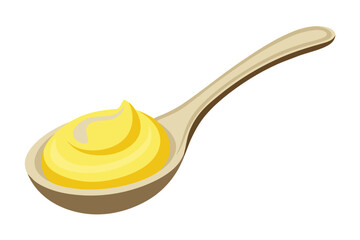 A wooden spoon with yellow honey dripping from it, isolated on a white background