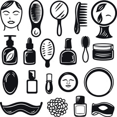 20 black line art icons related to beauty and spa, including face mask, massage oil, hairbrush, mirror, nail polish, and sleep mask. Icons should look hand-drawn.eps