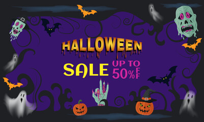 Colorful Sale Banner with spooky Halloween trendy illustrations including zombies, ghosts, pumpkins and bats on a purple and black background. Up to 50 off. To promote discounts, retail trade. Vector