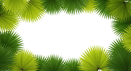 Lush tropical fan-shaped palm leaves in vibrant green shades frame a bright, clean white background with ample copy space, lit by soft natural light from a top-down perspective, emphasizing summer
