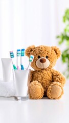 Dental care tools for children with toothbrush, toothpaste, and a teddy bear
