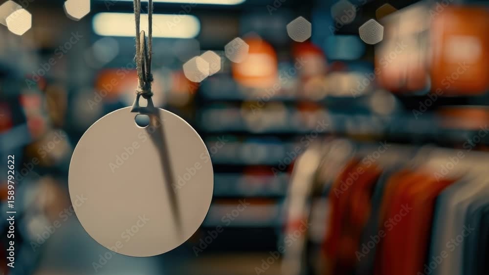 Poster a white circular pendant hangs from a string in a store display