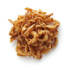 Crispy golden fried onion rings piled on a white background golden brown food