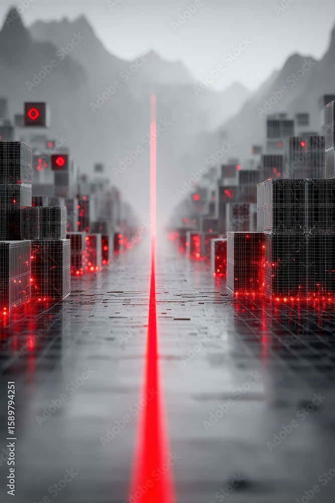 Poster futuristic digital landscape with glowing red light path and cubic structures