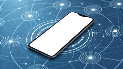 A modern smartphone with a blank white screen rests on a blue background with a network of interconnected nodes, symbolizing global connectivity and digital communication