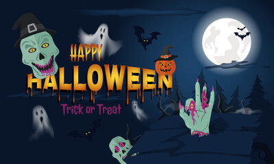 Spooky Halloween night illustration with zombies, ghosts, bats, pumpkins, and creepy hands under a full moon. Perfect for party posters, banner or seasonal designscene with Spooky Characters. Vector.
