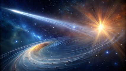 Obraz premium Photo of a radiant star and a swirling cosmic vortex dominate the scene, with a bright streak of light cutting through the vastness of space and nebulae