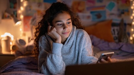 Fototapeta premium Mixed race teen school girl distant school or college student virtual remote e learning using mobile phone app and laptop in bedroom. Distance education classes, studying online at home concept., no 