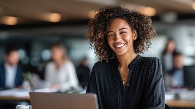 Smiling young African American businesswoman working on a laptop at her desk in a bright modern office with colleagues in the background, no logos, no brands