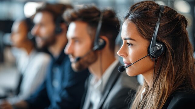 business customer support team in an office with headsets, no logos, no brands