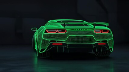 Green wireframe sports car design motion. Holographic auto 3D model for automotive engineering visualization footage. - Powered by Adobe