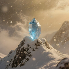 Fototapeta premium A blue crystal is on top of a snowy mountain