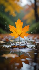 Golden Autumn Maple Leaf Splashing in Water – Fall Nature Photography.