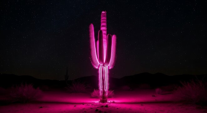 Pink Neon Saguaro Cactus at Night Under Starry Desert Sky: Surreal, Vibrant, and Dramatic Landscape Photography