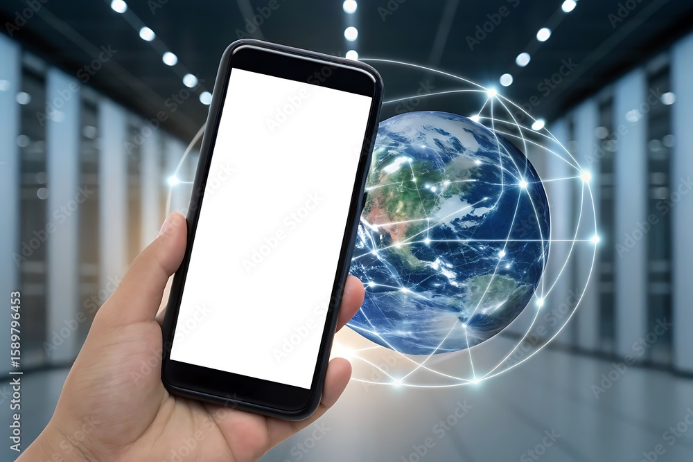 Poster a hand holds a smartphone with a blank screen in front of a digital representation of the earth, sym