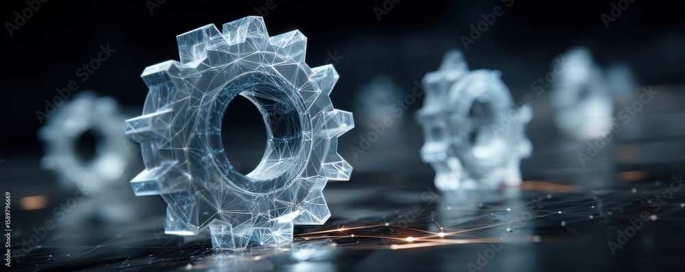 Poster symbolic glowing gears representing innovation and technological advancement using polygonal design