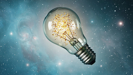 Floating Lightbulb in Outer Space with Cosmic Background

