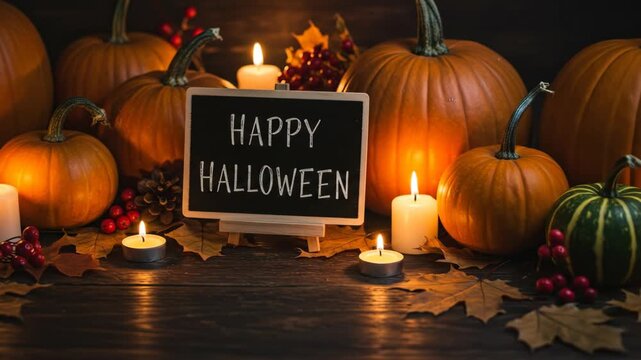 Happy halloween written on a chalkboard with pumpkins, candles, autumn leaves, and berries footage.